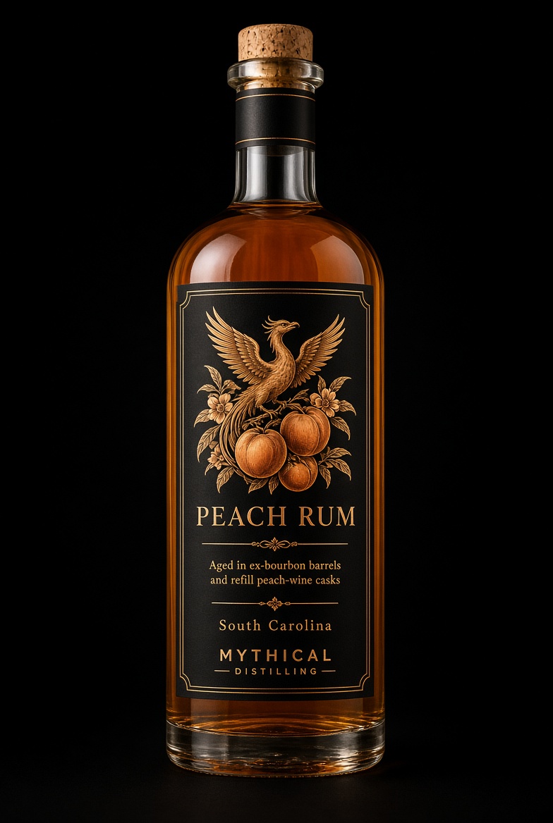 Peach Rum concept bottle with phoenix and peaches